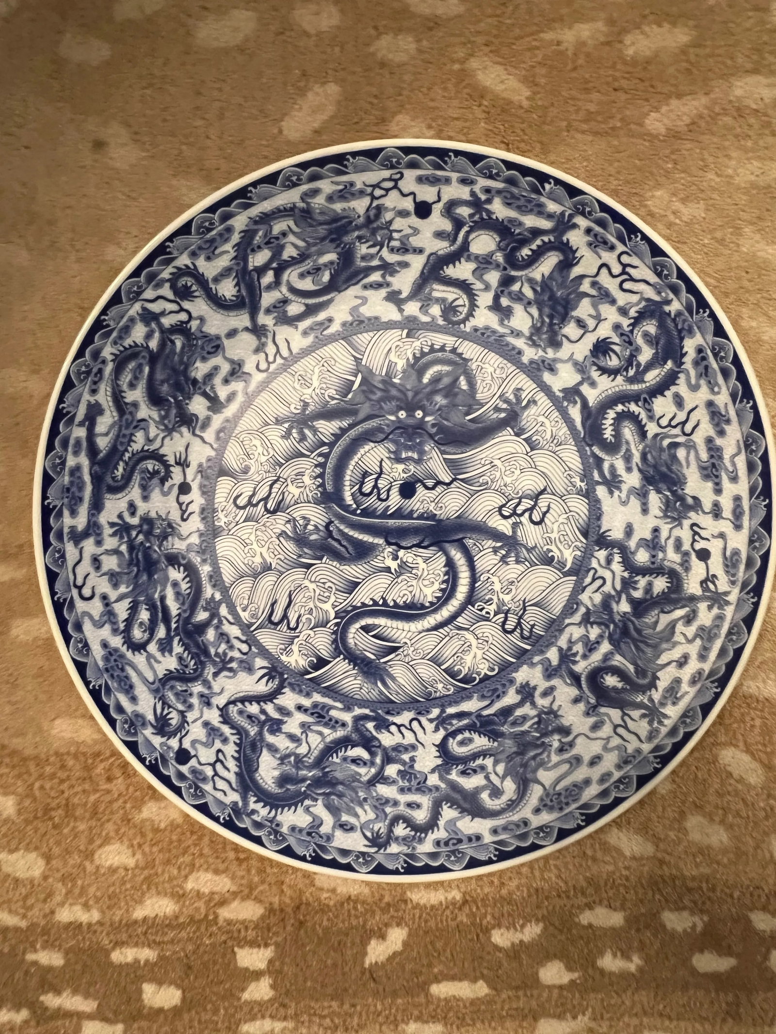 Large Chinese Blue & White Porcelain Dragon Charger Chinoiserie - 2