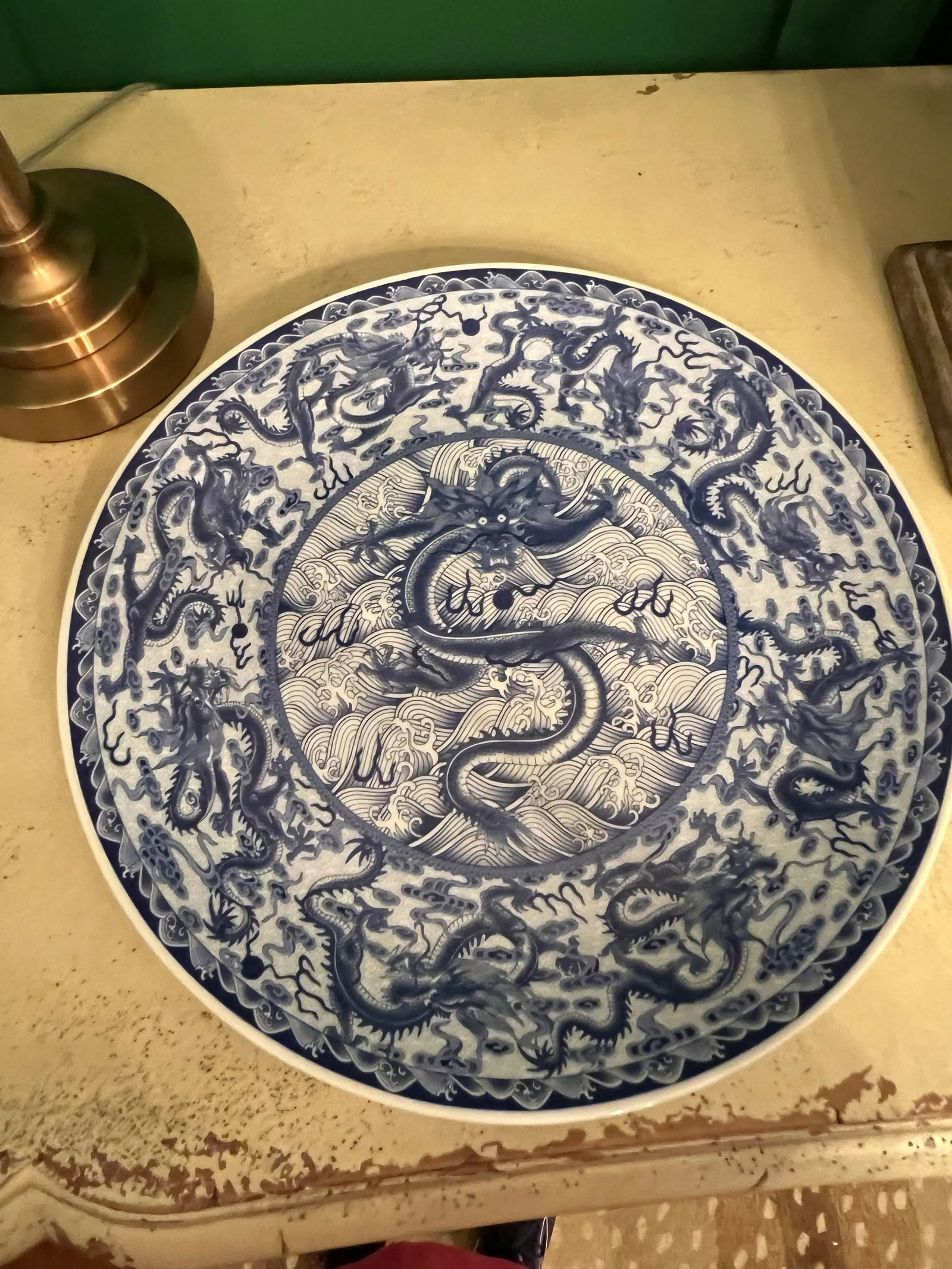 Large Chinese Blue & White Porcelain Dragon Charger Chinoiserie - 4