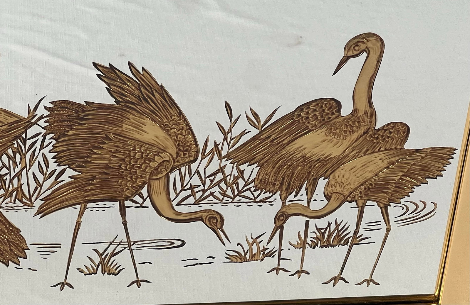 Vintage Hollywood Regency Chinoiserie Gold Etched Wall Mirror With Cranes - 7