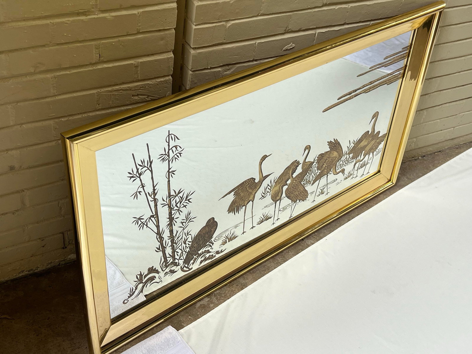 Vintage Hollywood Regency Chinoiserie Gold Etched Wall Mirror With Cranes - 8