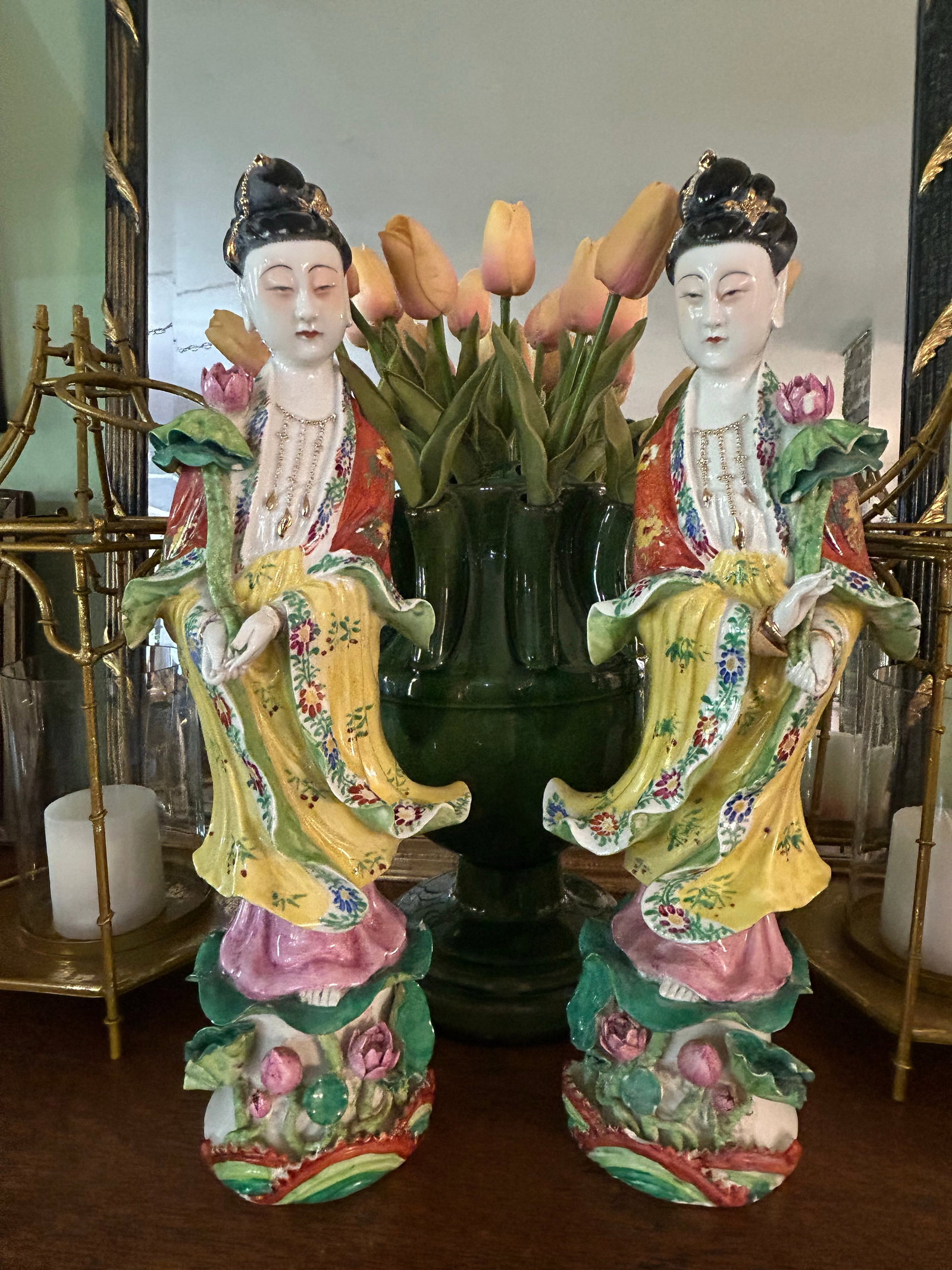 Early to Mid 20th Century Chinoiserie Porcelain Guanyin (Kwan Yin ) 16" Statues Handpainted - a Pa - 2