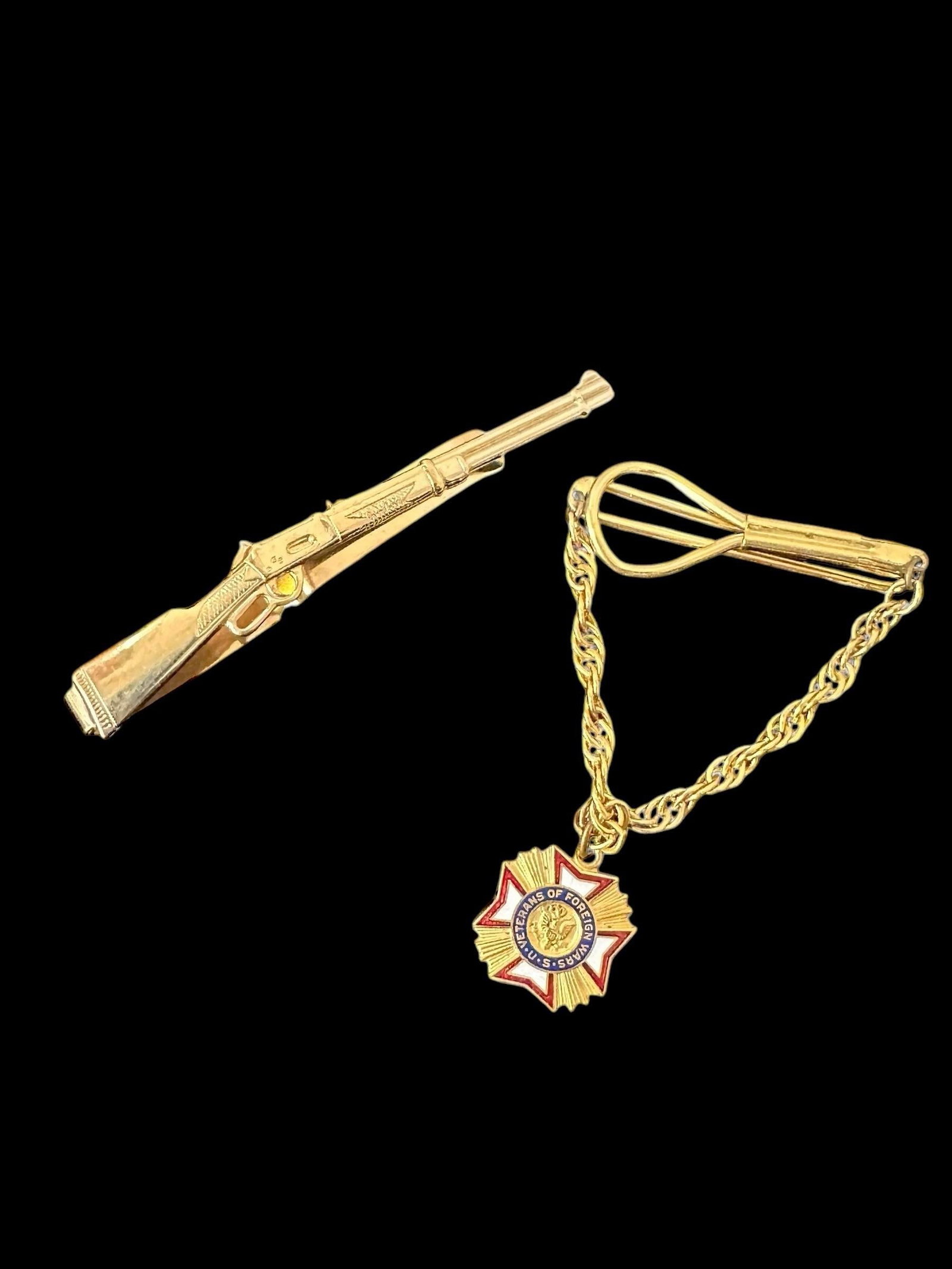 Mid 20th Century Vintage U.S. Veterans of Foreign Wars Tie Clip Clasp Hanging Tie Bar - Set of 2 - 7