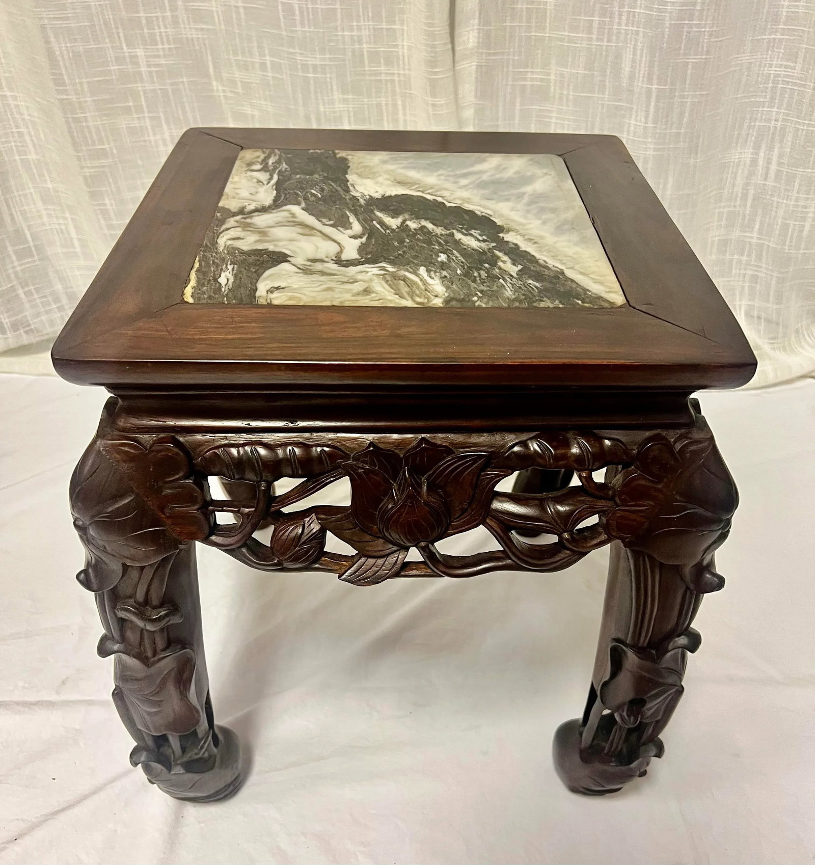 Vintage Chinoiserie Asian Carved Wood Side Tables Stands With Lotus Flower Design and Marble Top-a P - 4