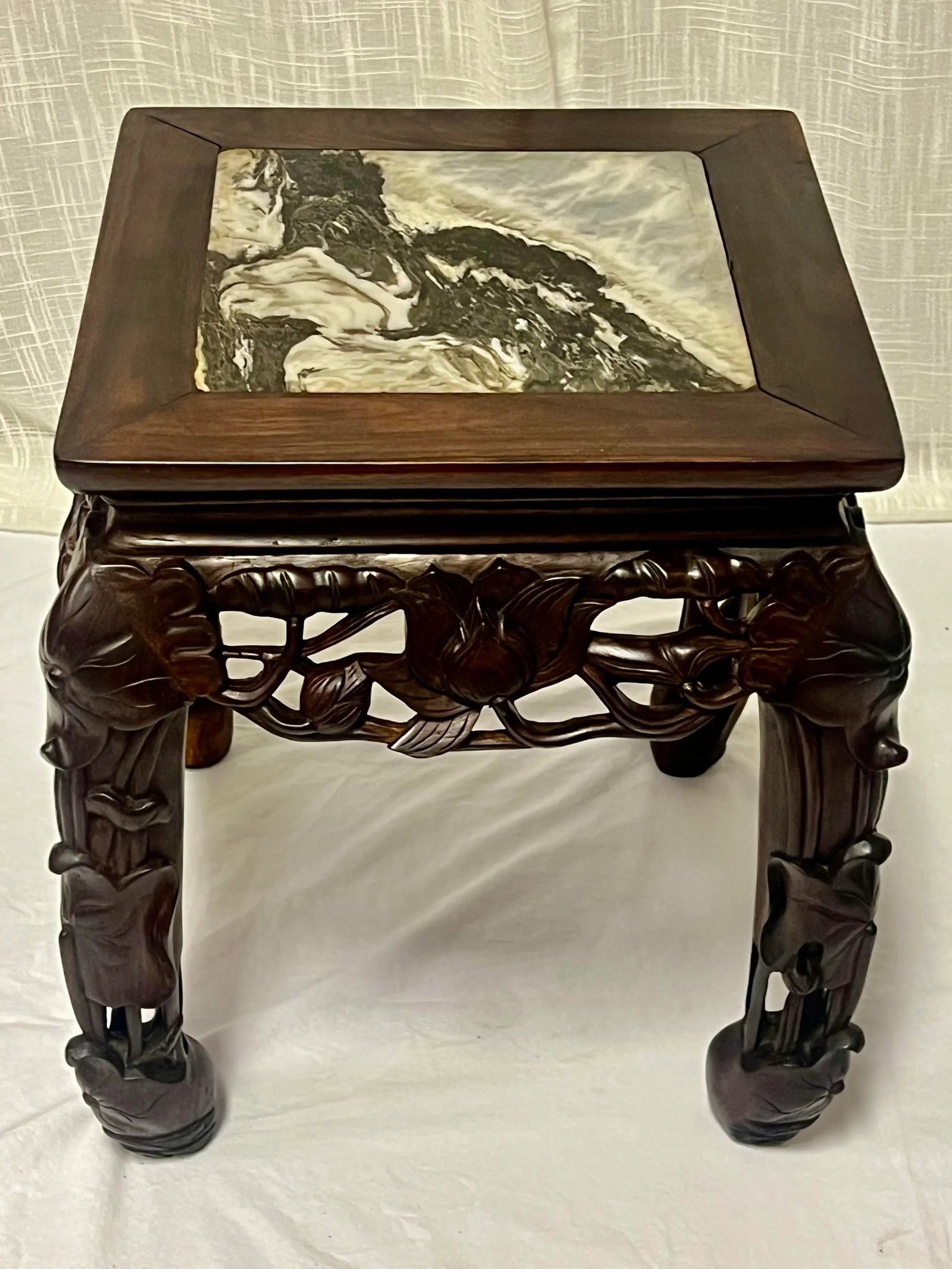 Vintage Chinoiserie Asian Carved Wood Side Tables Stands With Lotus Flower Design and Marble Top-a P - 6