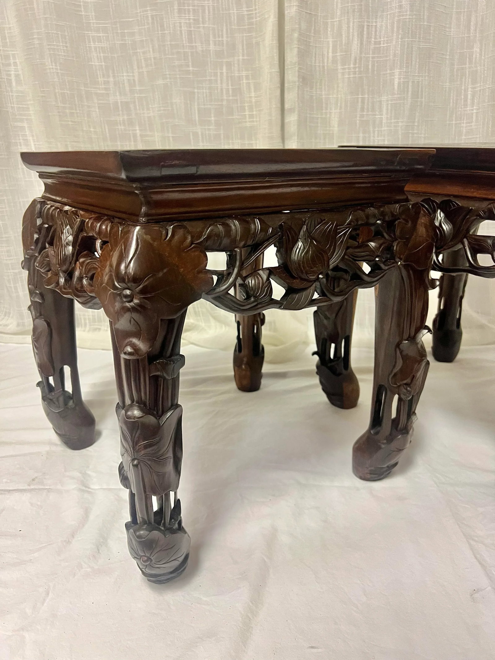 Vintage Chinoiserie Asian Carved Wood Side Tables Stands With Lotus Flower Design and Marble Top-a P - 8