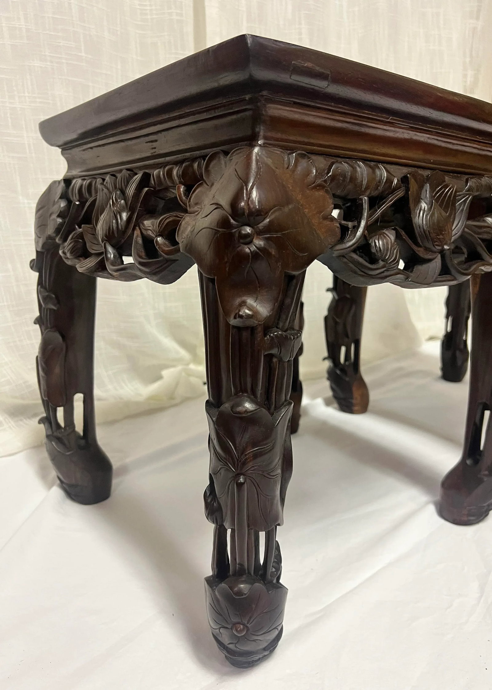 Vintage Chinoiserie Asian Carved Wood Side Tables Stands With Lotus Flower Design and Marble Top-a P - 9