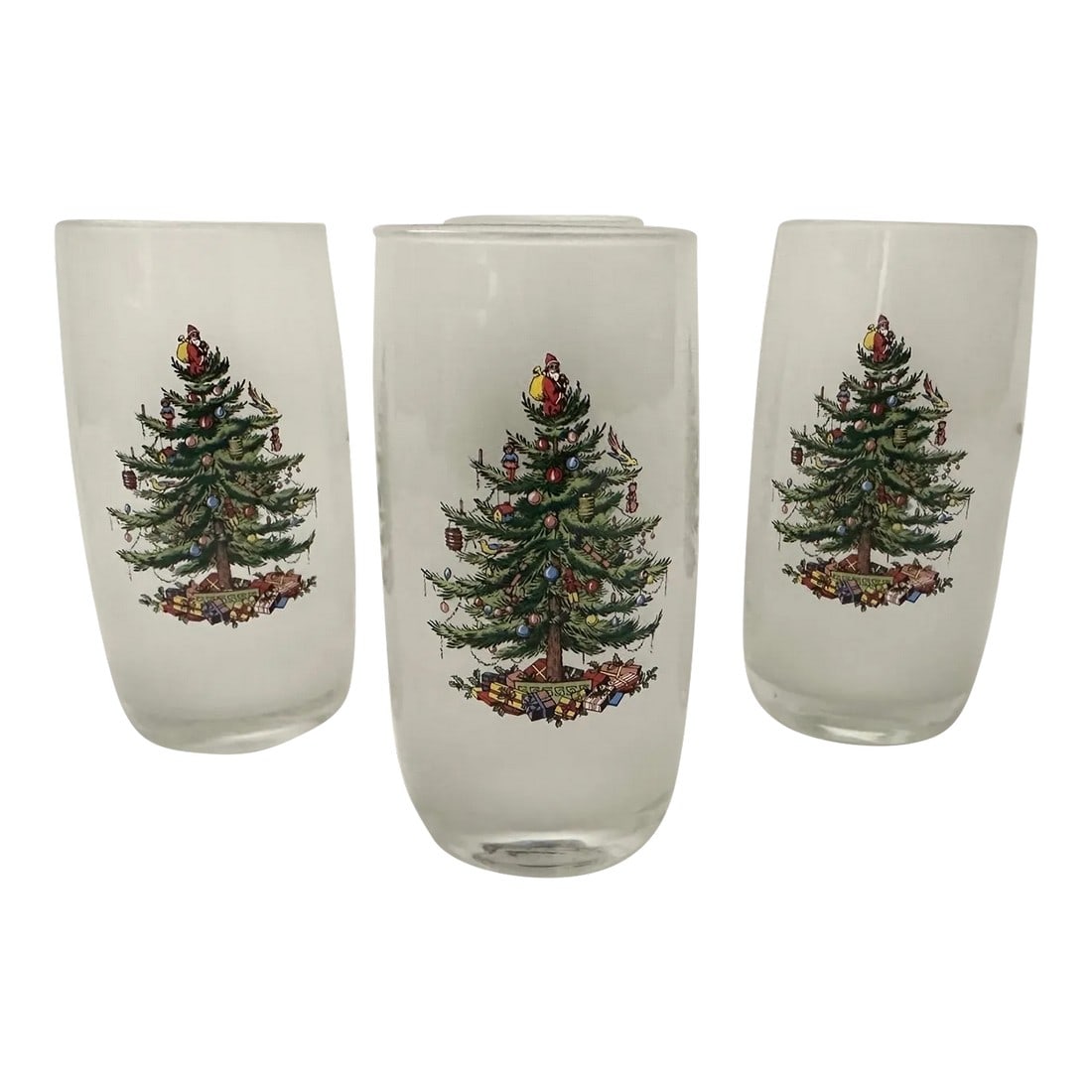 Spode Christmas Tree Frosted Tumblers- Set of 4: Vintage Spode Christmas Tree Frosted Tumblers, with its Christmas tree on front with a holly branch on back. Perfect to mix and match with other spode glassware. 5.75in h x 3in w Make sure to follow m