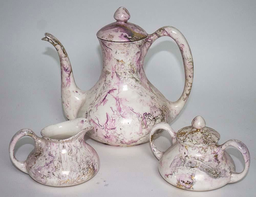Mid-Century Sascha Brastoff Coffee Pot Creamer & Sugar Pink Surf Ballet - Set of 3 - 2