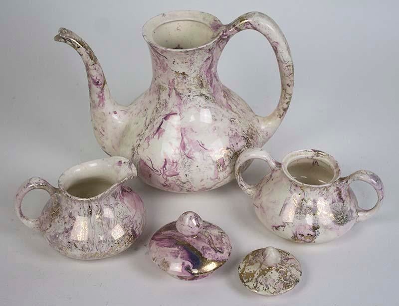 Mid-Century Sascha Brastoff Coffee Pot Creamer & Sugar Pink Surf Ballet - Set of 3 - 4