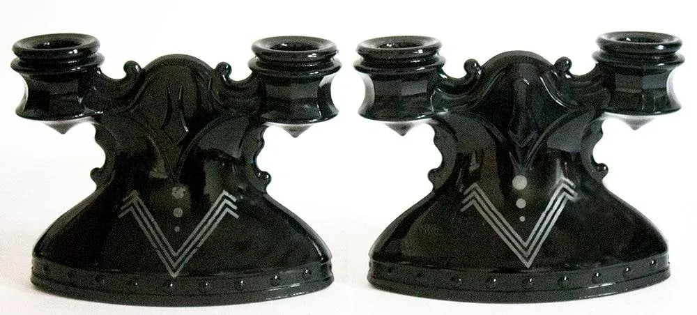 Art Deco Black Glass Candle Holders - a Pair - 5