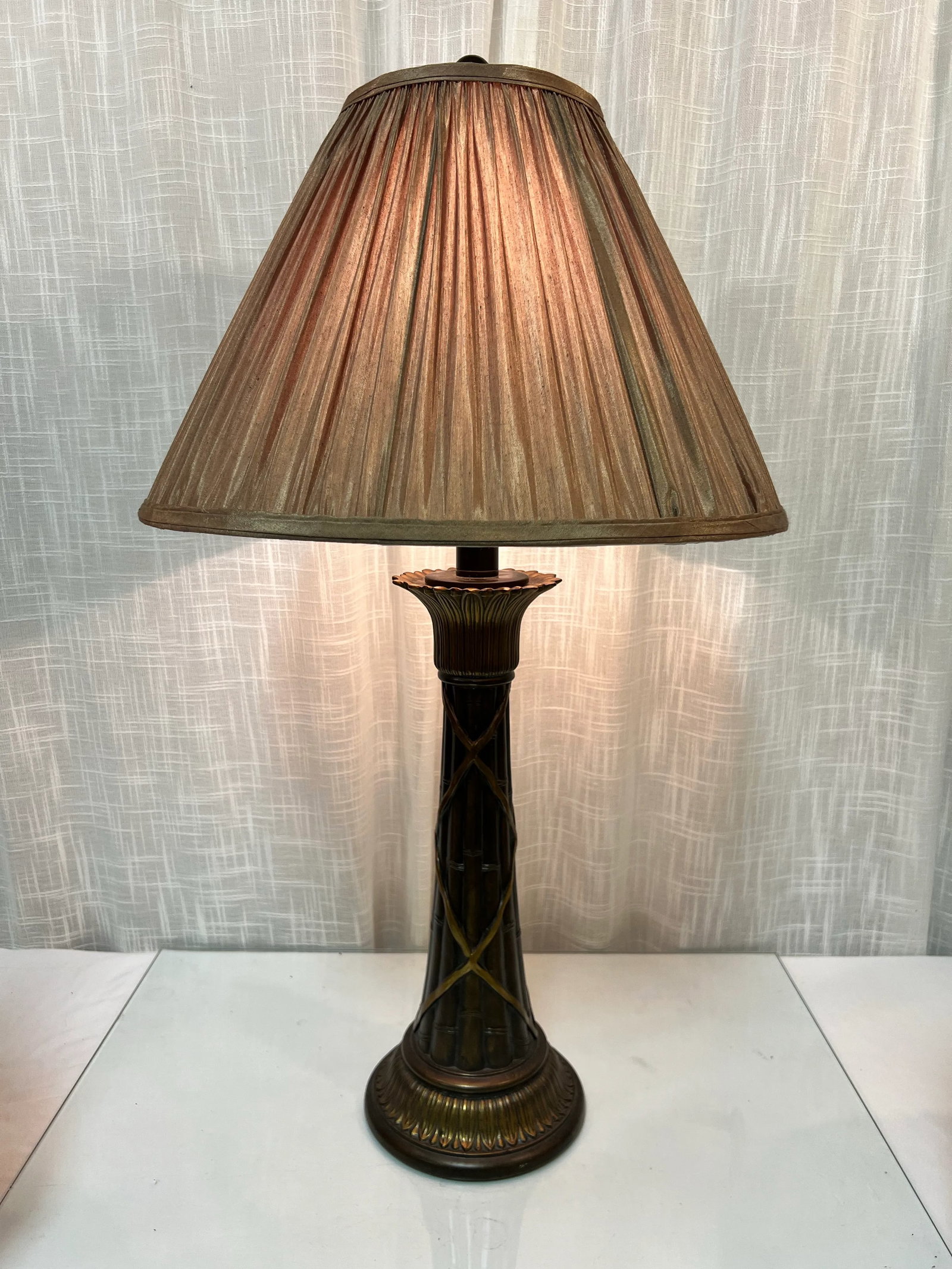 Vintage French Empire Neoclassical Faux Bamboo Tole Column Table Lamp and Empire Pleated Silk Shade - 2