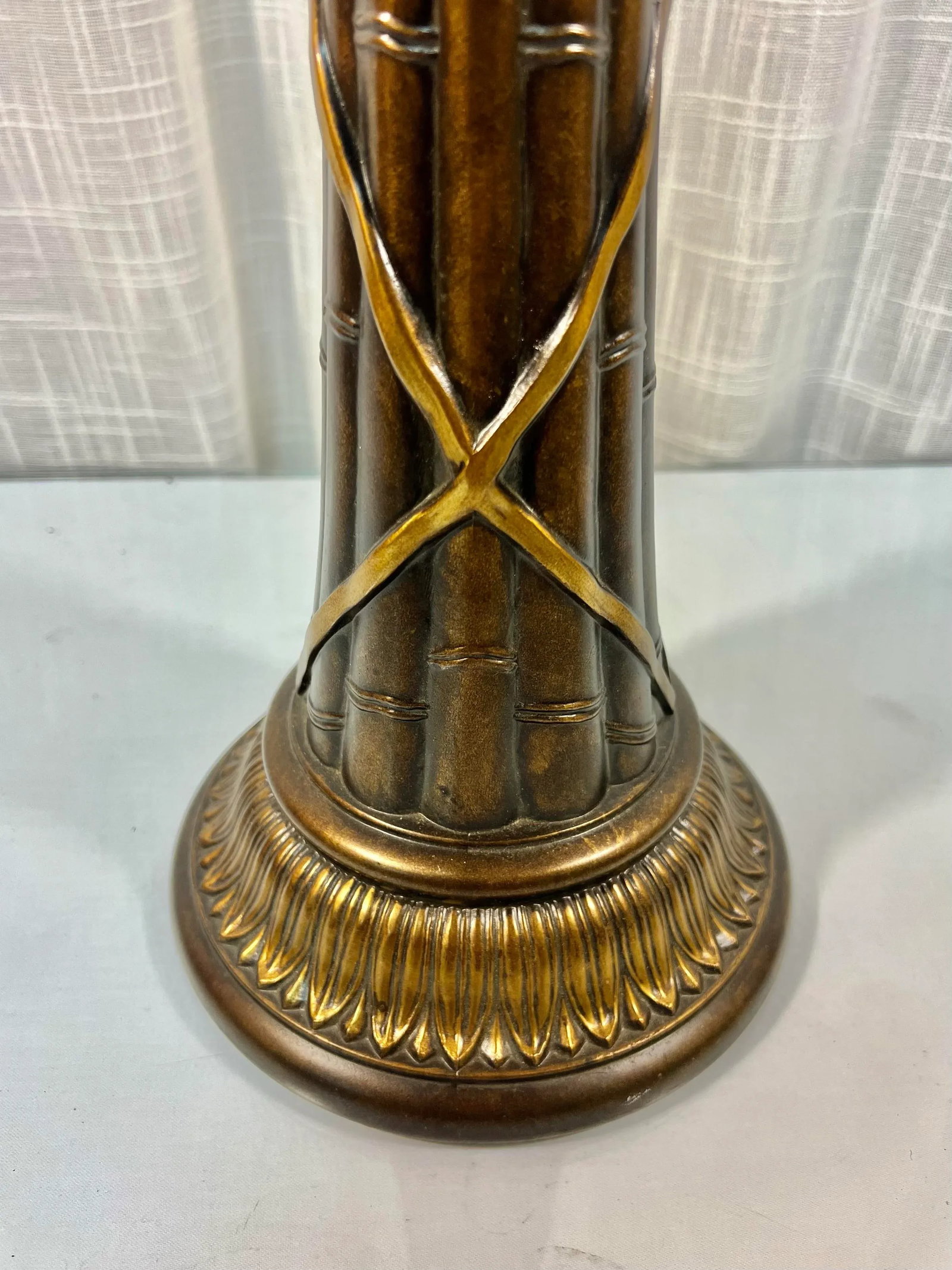 Vintage French Empire Neoclassical Faux Bamboo Tole Column Table Lamp and Empire Pleated Silk Shade - 5