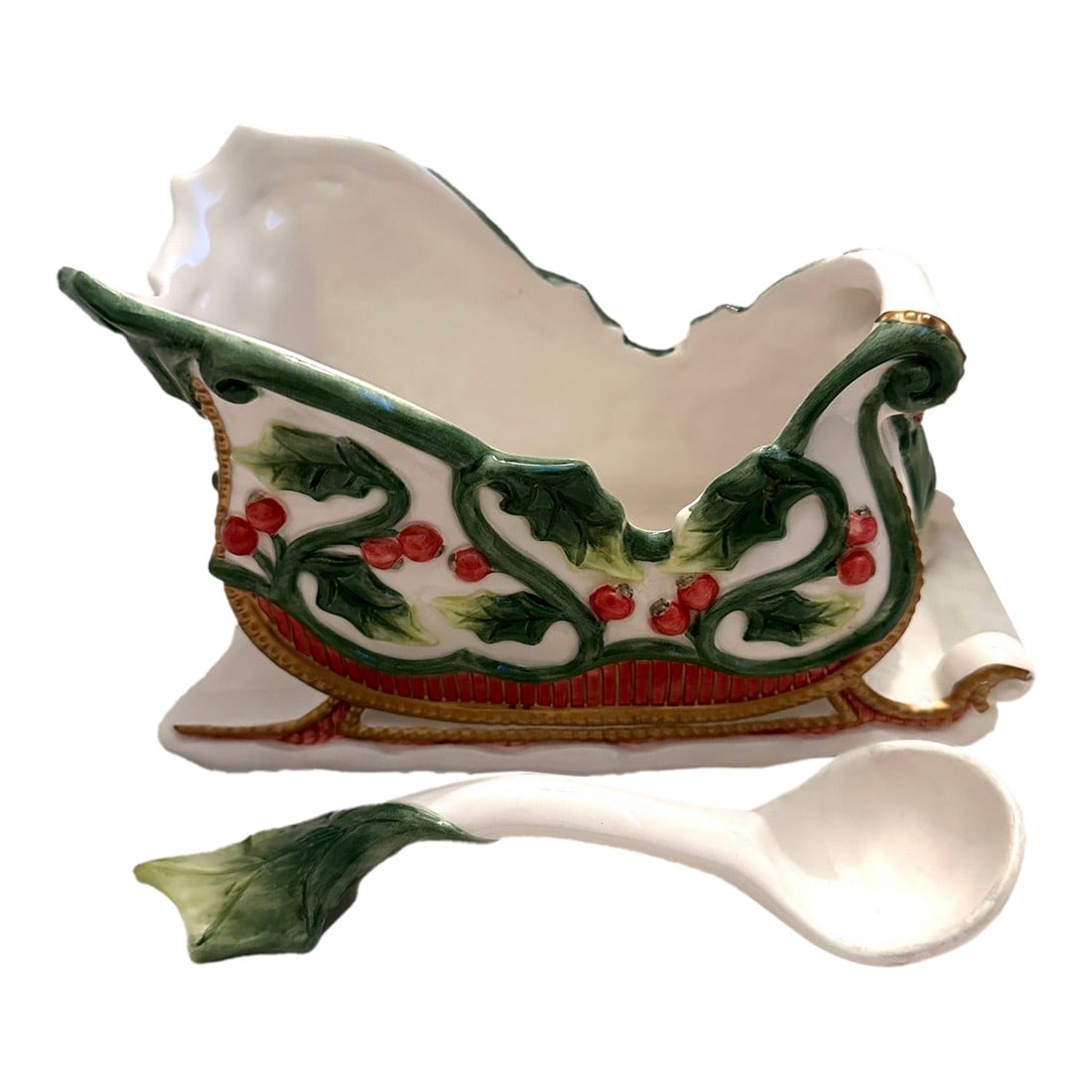 Fitz & Floyd "Santa's Flight" Cranberry Server & Spoon Set: Vintage Fitz & Floyd "Santa's Flight" Cranberry Server & Spoon, just in time for the Holidays. Mix and match with other Holiday dinnerware or can be used for candy. 9in w x 4in d x 5.25in h 7.75in