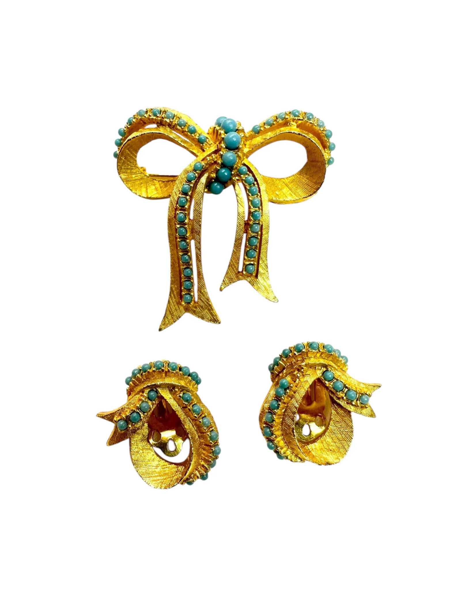 Vintage Jewelry Set by Ballet Jewels Gold Tone Faux Turquoise Brooch Earrings - 3 Pieces - 8