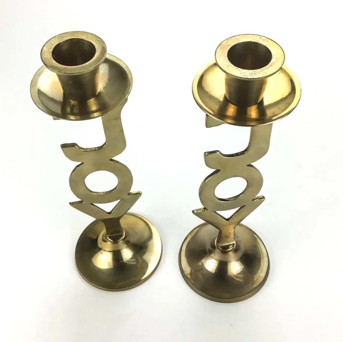 Solid Brass Pair of Joy Motif Candleholders MCM - 3