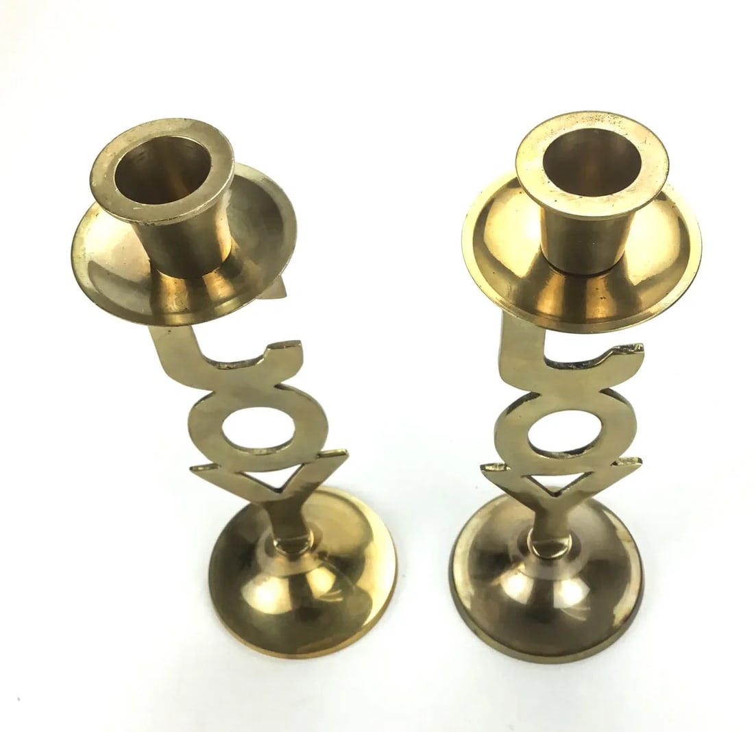 Solid Brass Pair of Joy Motif Candleholders MCM - 4