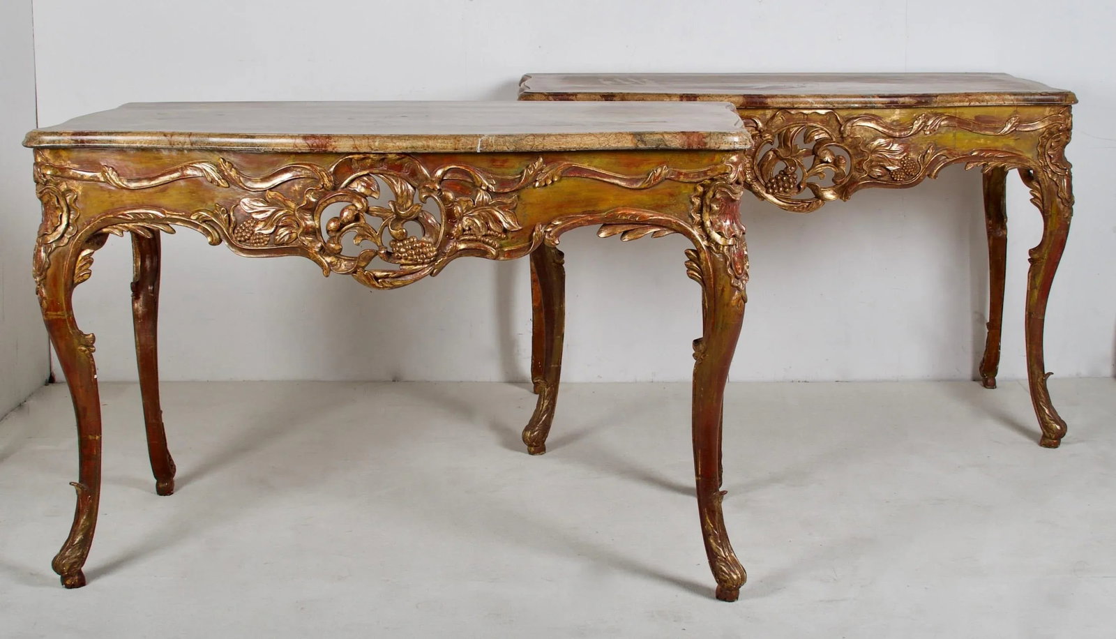 Flamboyant Pair of Painted and Gilded Consoles, Faux Marble Top, Haute Hollywood - 5