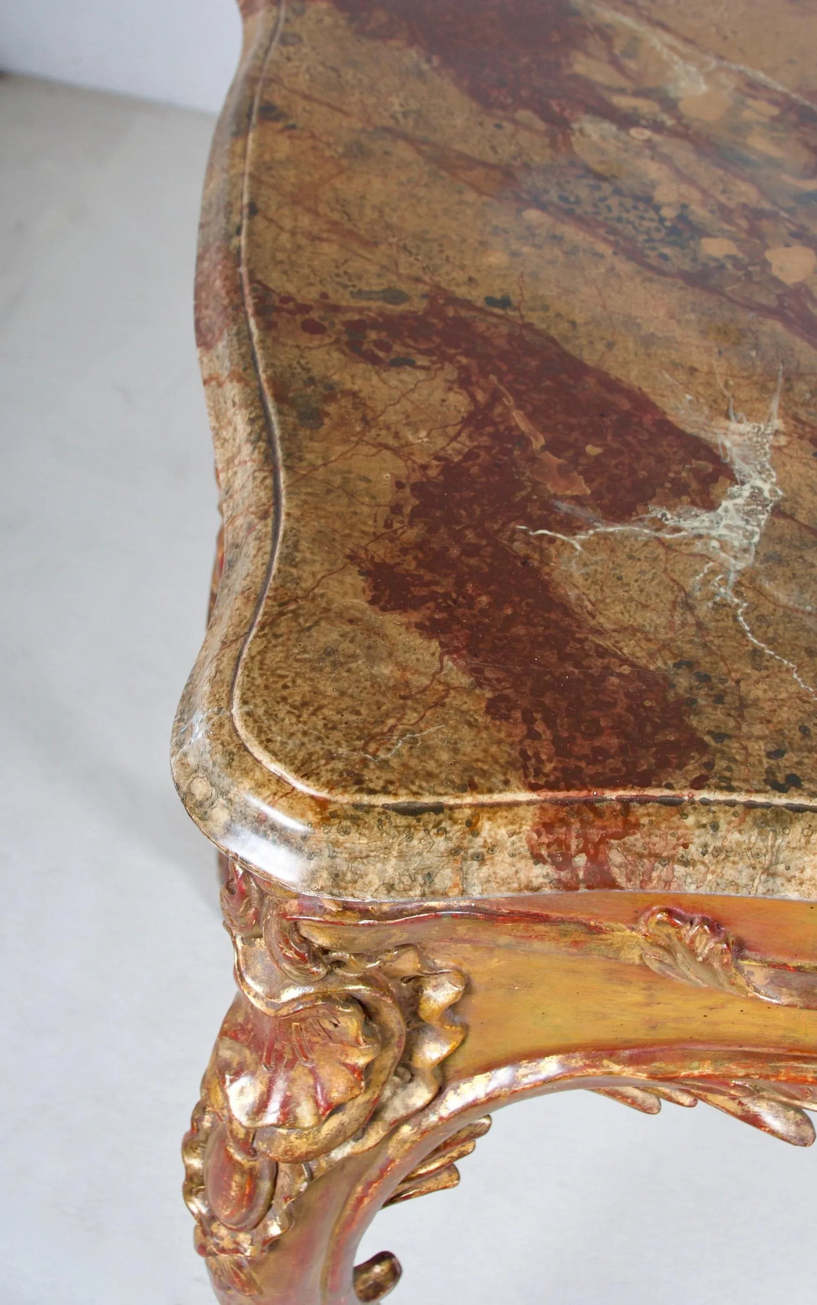 Flamboyant Pair of Painted and Gilded Consoles, Faux Marble Top, Haute Hollywood - 9