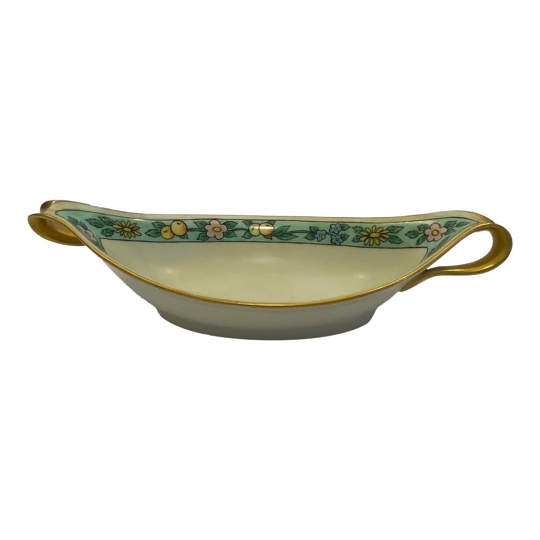 Vintage 1970s Japanese Gilded Porcelain Relish Dish: Fantastically vintage Japanese gilded porcelain relish dish from the 1970s. This piece features a light turquoise band adorned with fruits and flowers and twisted gilded handles. Measures 9.5" long,
