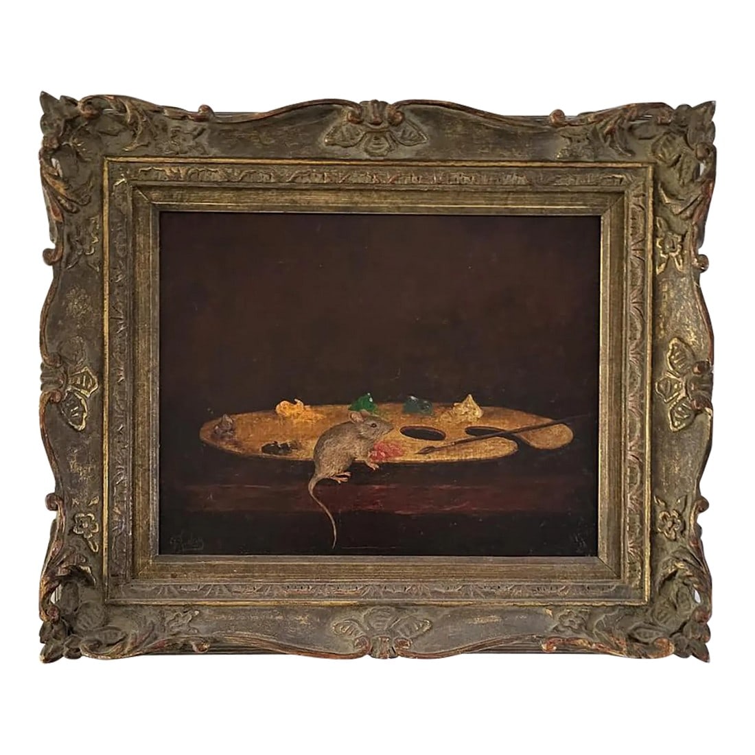 Antique French Signed Oil Painting Mouse on Artist Palette - Signed Friday: Charming & whimsical signed antique oil on canvas painting depicting a mouse exploring an artist's palette likely in a French Garrett. The frame is outstanding and appears to be original to the