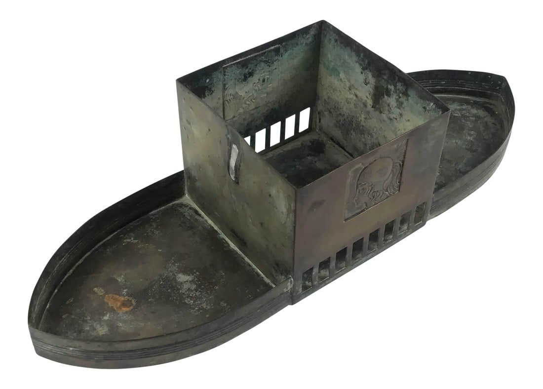 Art Deco Object of Art in Metal: We are not sure what this actually is? Made of beautiful metal, perhaps bronze? But is it a planter? Or a desk set? It is unique and very special. Certainly a one of a kind and also perfect for the