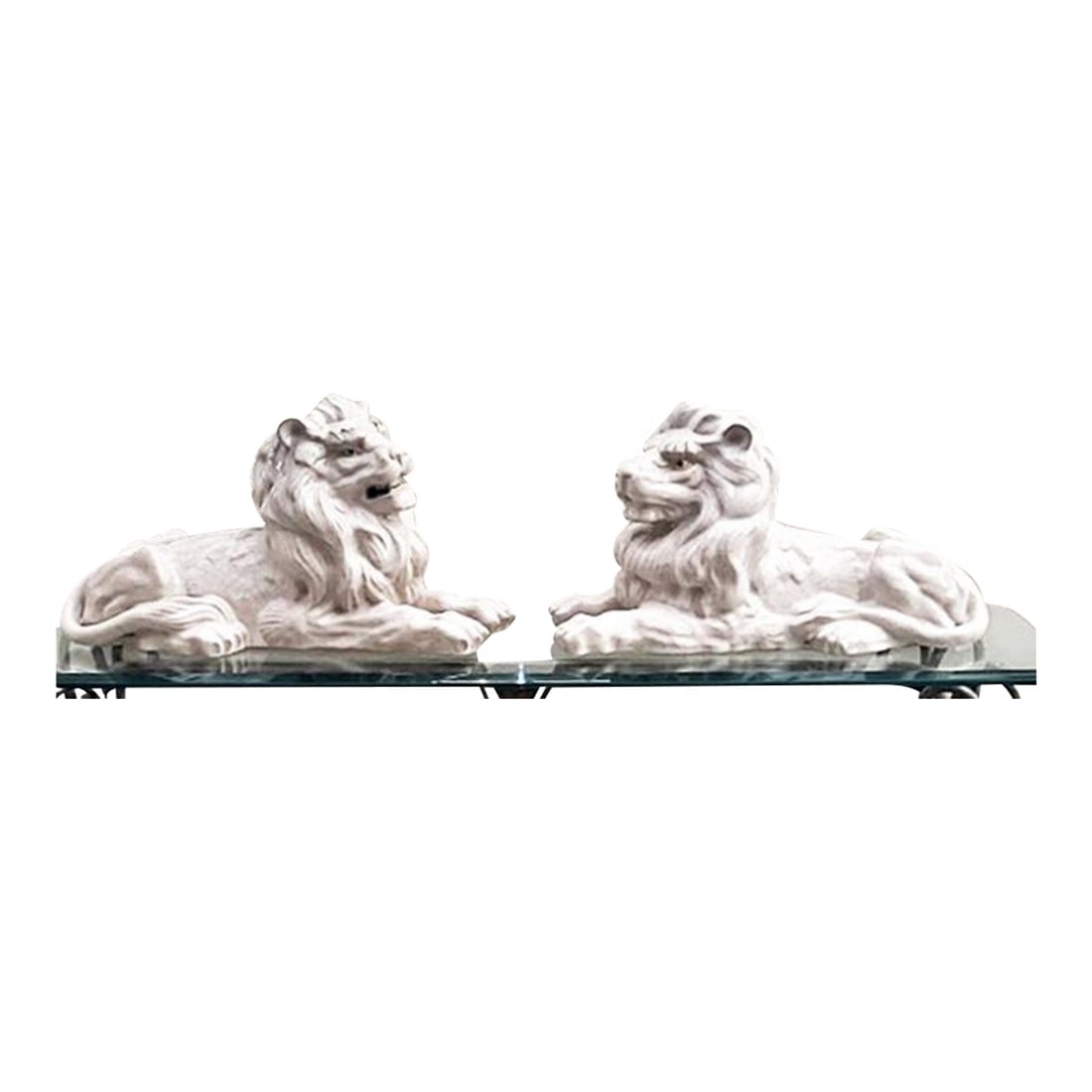 Large Pair of Recumbent Glazed Ceramic Lions - Statement Pieces: Outstanding pair of glazed ceramic or possibly terra cotta lions in the recumbent position. Close up photos of inside are provided for you to determine. As you can see by the photo of the room