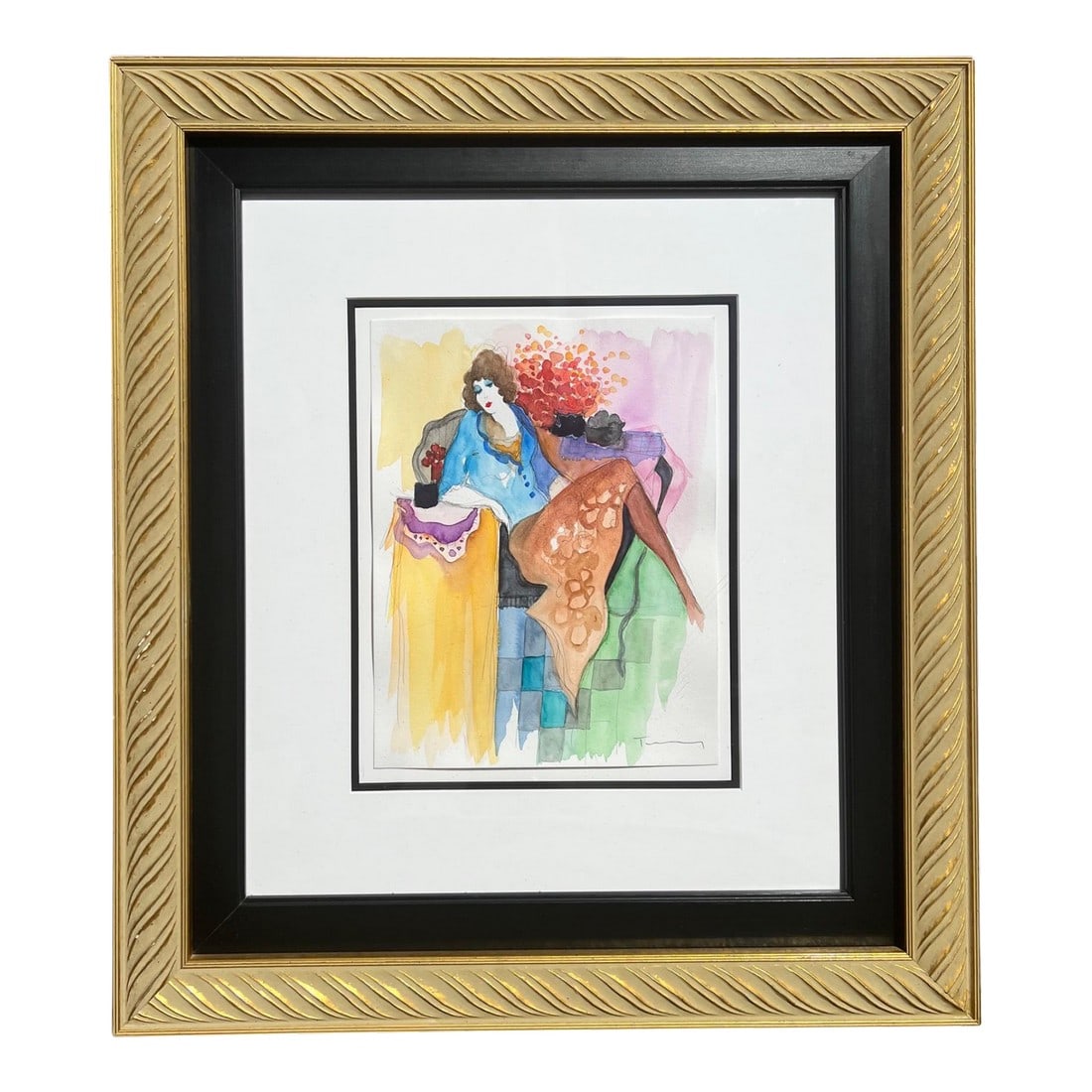 Itzchak Tarkay Original Watercolor Painting "Thinking of Love" - Signed & Framed: This is an original watercolor painting by Israeli artist Itzchak Tarkay (1935–2012), known for his depictions of women in relaxed, intimate settings. The painting is hand-signed and comes in a