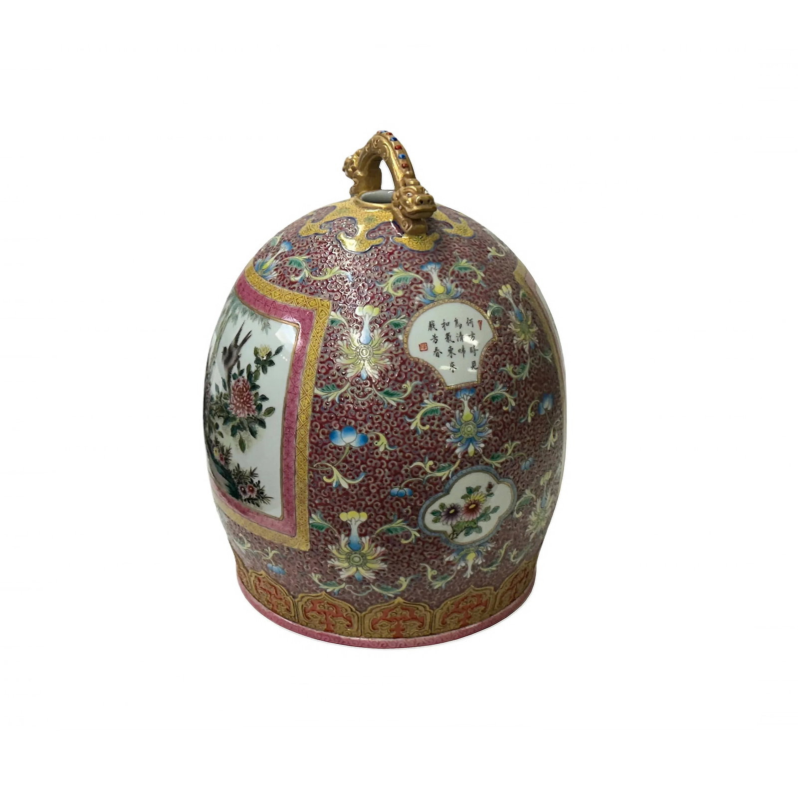 Chinese Pink Red Famille Rose Paint Oval Bell Shape Porcelain Display Vessel - 4