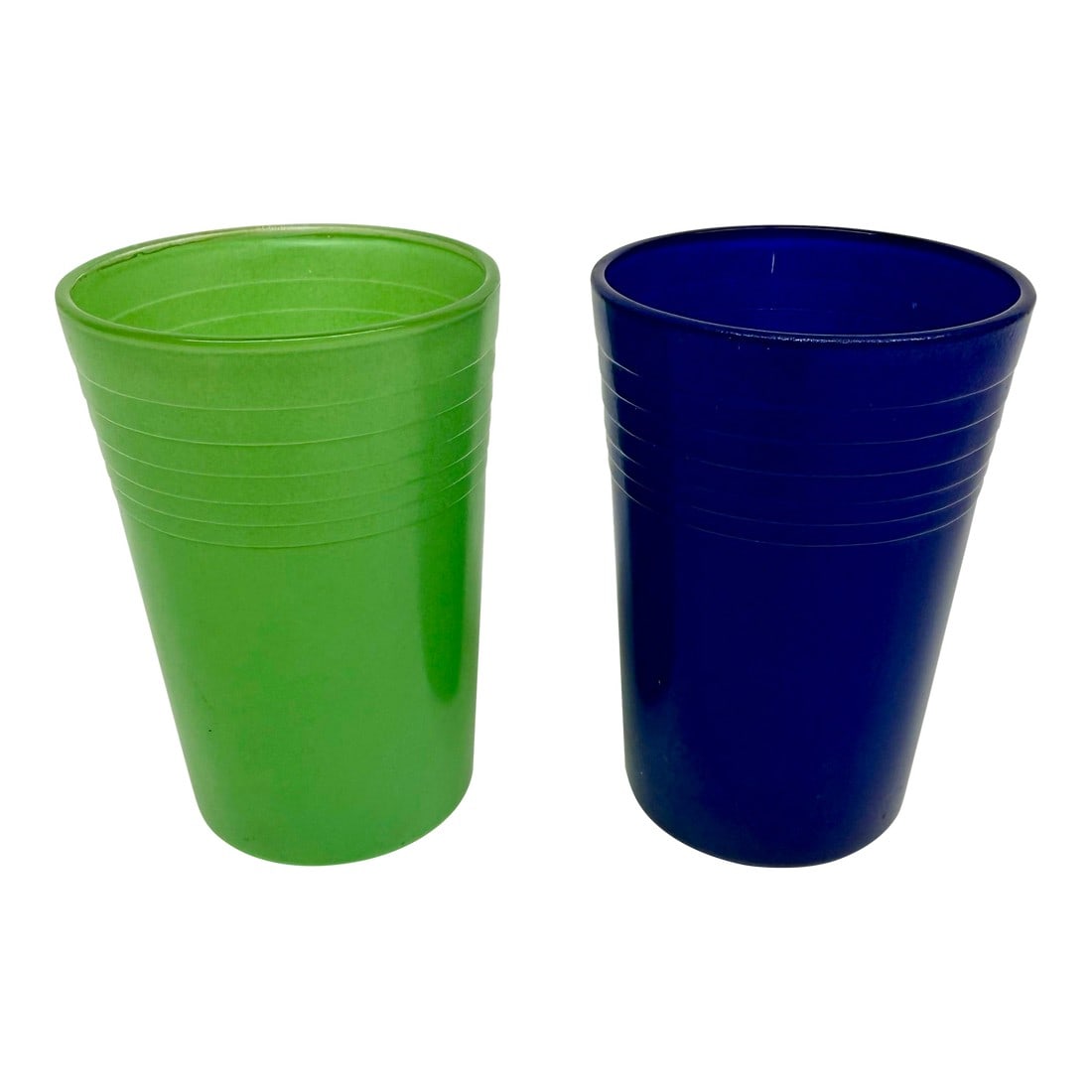 Vintage Set of Bright Opaline Juice Glasses: Add some color and style to your kitchen or bathrooms. In wonderful vintage condition. Add these to your ongoing collection of cool accessories. Cobalt blue and jade green are so very versatile. 