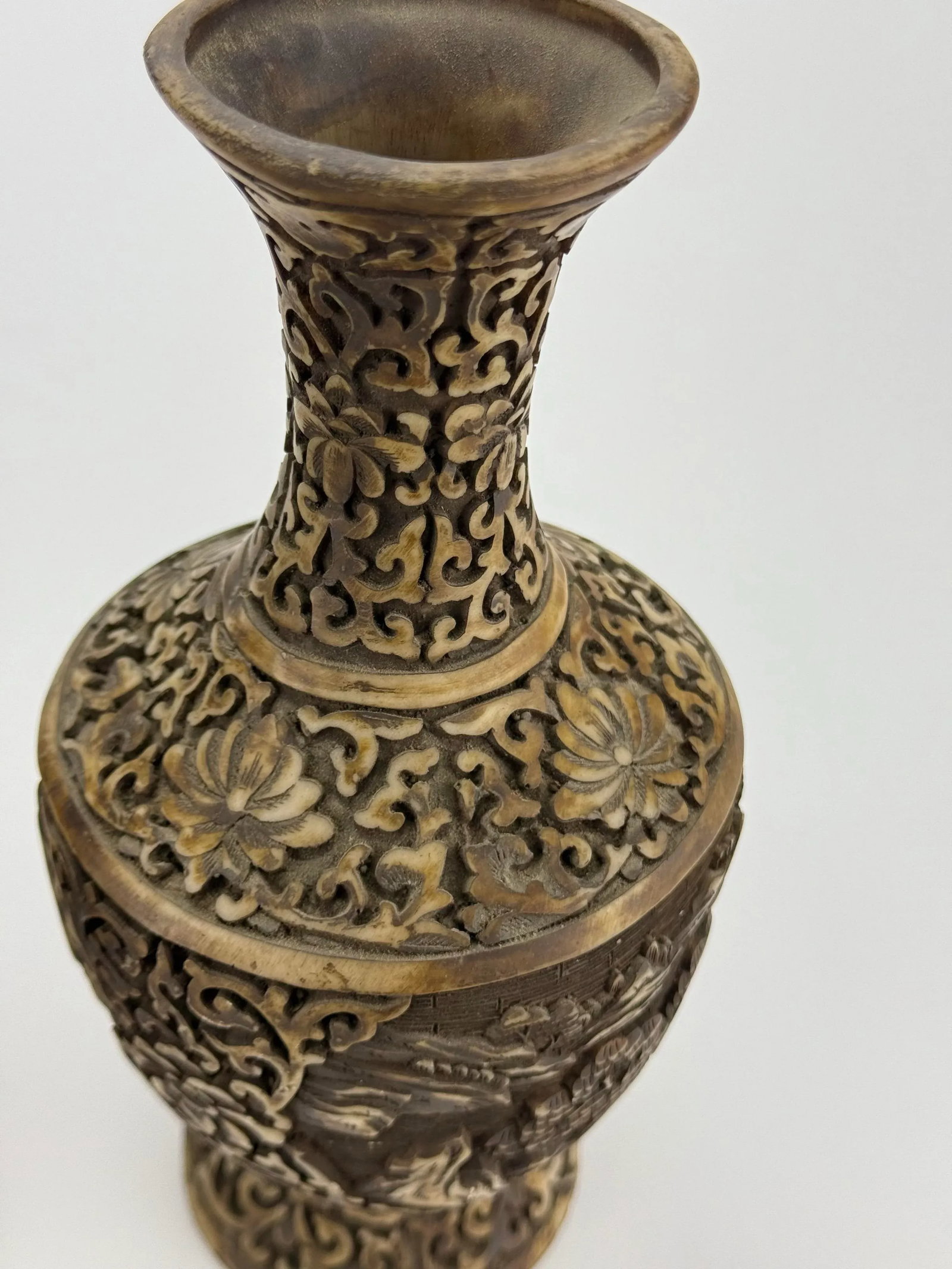 Intricately Hand Carved Resin or Bone Pair of Vases - 2