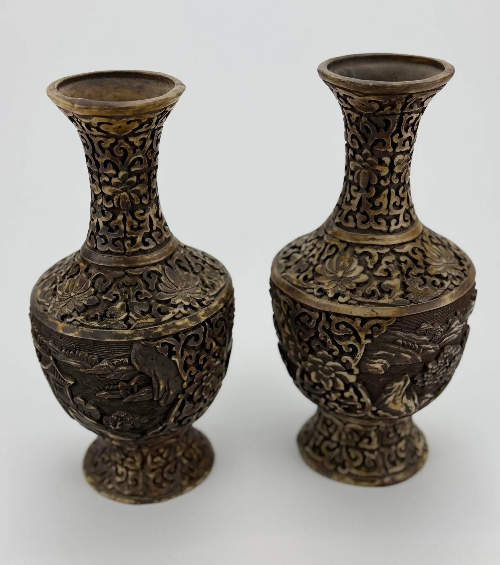 Intricately Hand Carved Resin or Bone Pair of Vases - 3