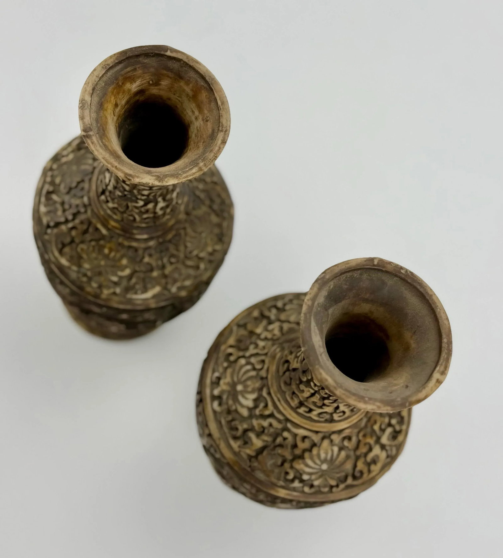 Intricately Hand Carved Resin or Bone Pair of Vases - 9