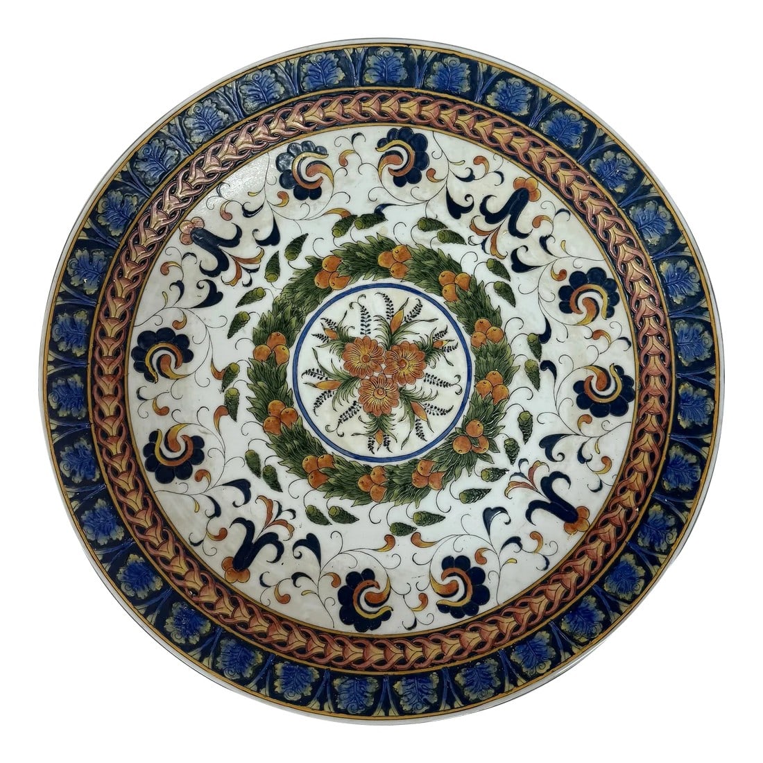Vintage Monumental Hand-Painted Traditional Portuguese Ceramic Platter in Blue and Orange Floral Des (1 of 10)