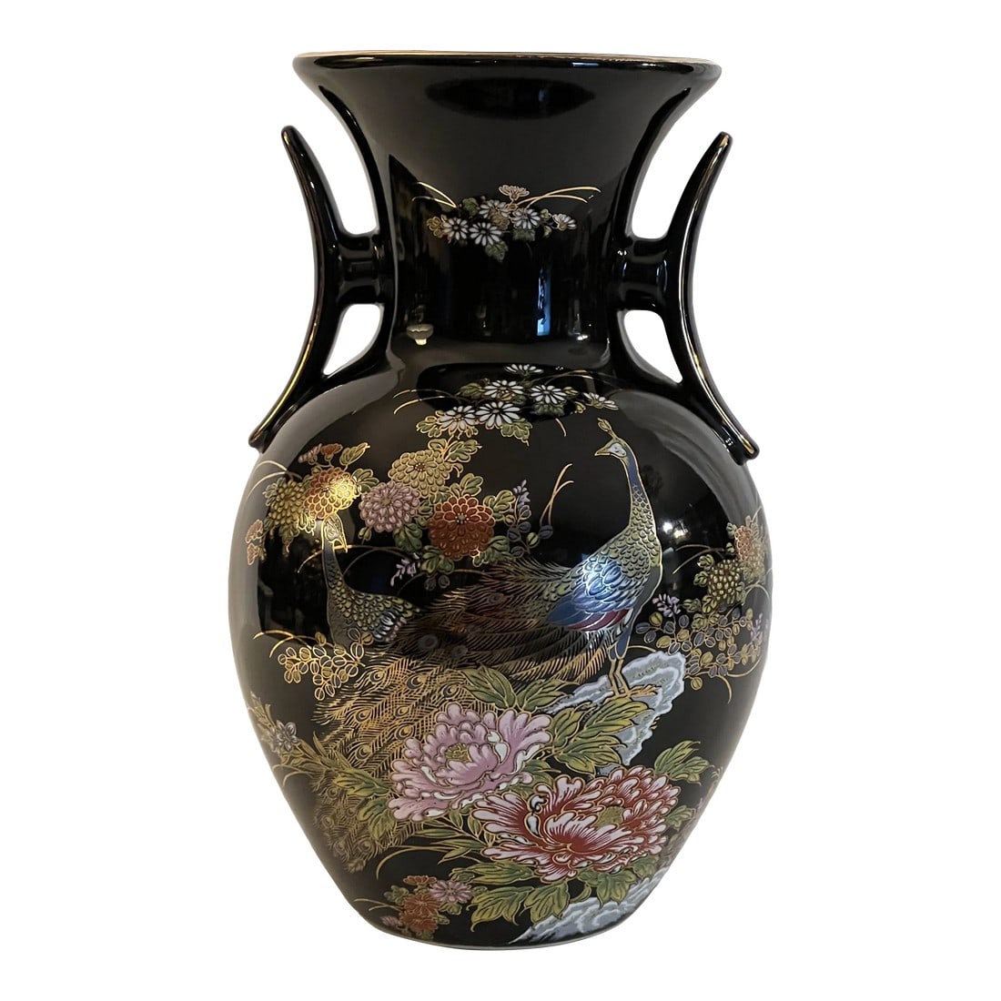 Vintage Chinouserie Black Porcelain Vase With Peacocks (1 of 8)