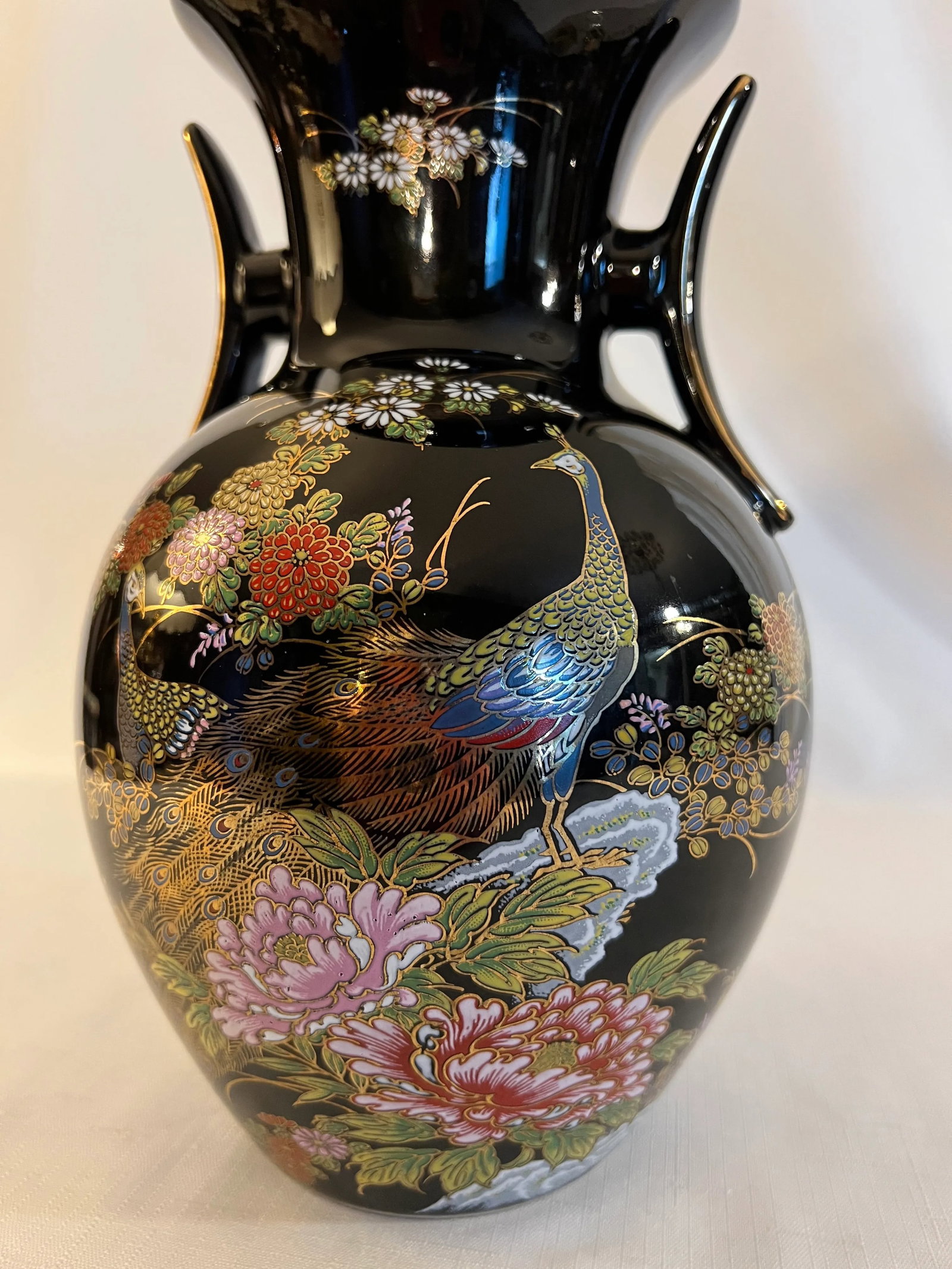 Vintage Chinouserie Black Porcelain Vase With Peacocks - 2