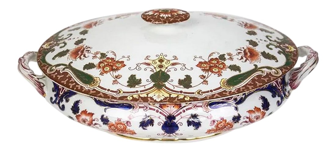 Upper Hanley English Semi-Porcelain Lidded Serving Dish: English Upper Hanley semi-porcelain lidded serving dish. Intricately painted & colorful design reminiscent of an English garden. Height to top of finial 5 1/2", Height Dish Only 3 1/2", Length