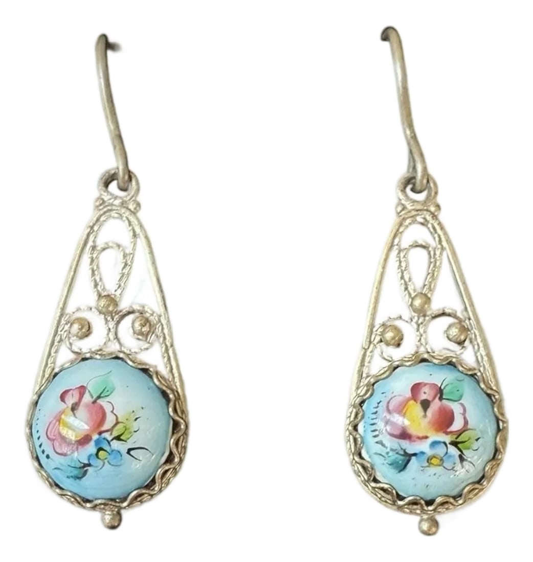 Late 20th Century Vintage Hand Painted European Folk Art Filigree Drop Earrings: A pair of vintage European hand painted earrings with filigree settings. From my personal collection from Europe 1990. No maker's mark Handpainted porcelain set in filigree showcasing
