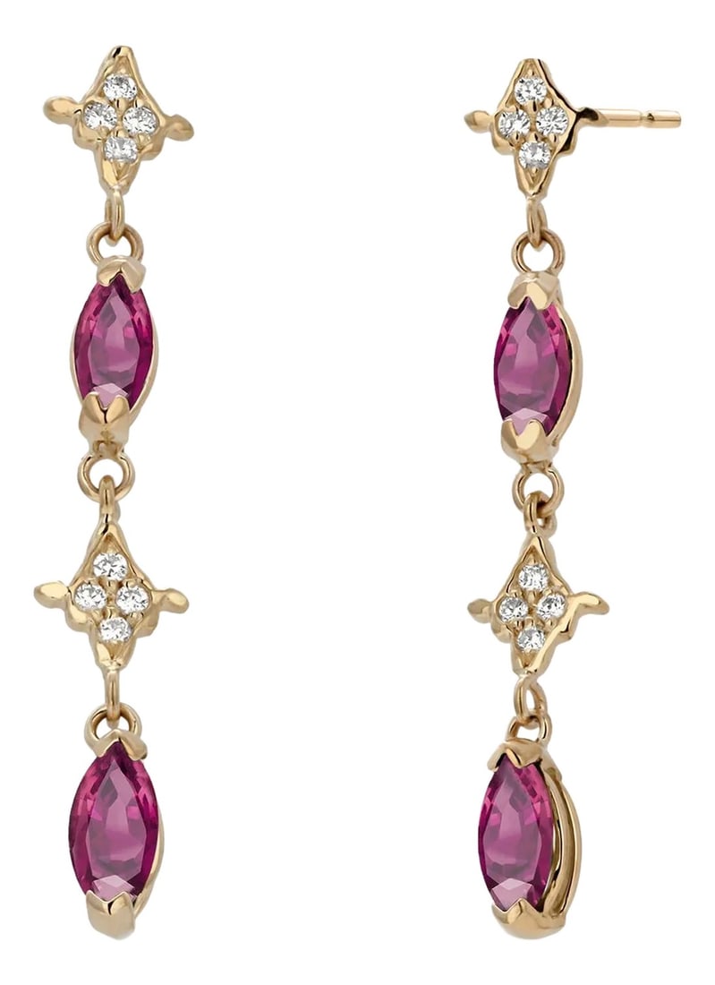 14k Yellow Gold Drop Earrings 4 Marquis Rubies 2.40 Pavé Diamonds 0.30 Carats, A Pair: Introducing our exquisite 14K Yellow Gold Drop Earrings, a harmonious blend of classic elegance and contemporary design. These handcrafted earrings feature four marquise-cut rubies totaling 2.40