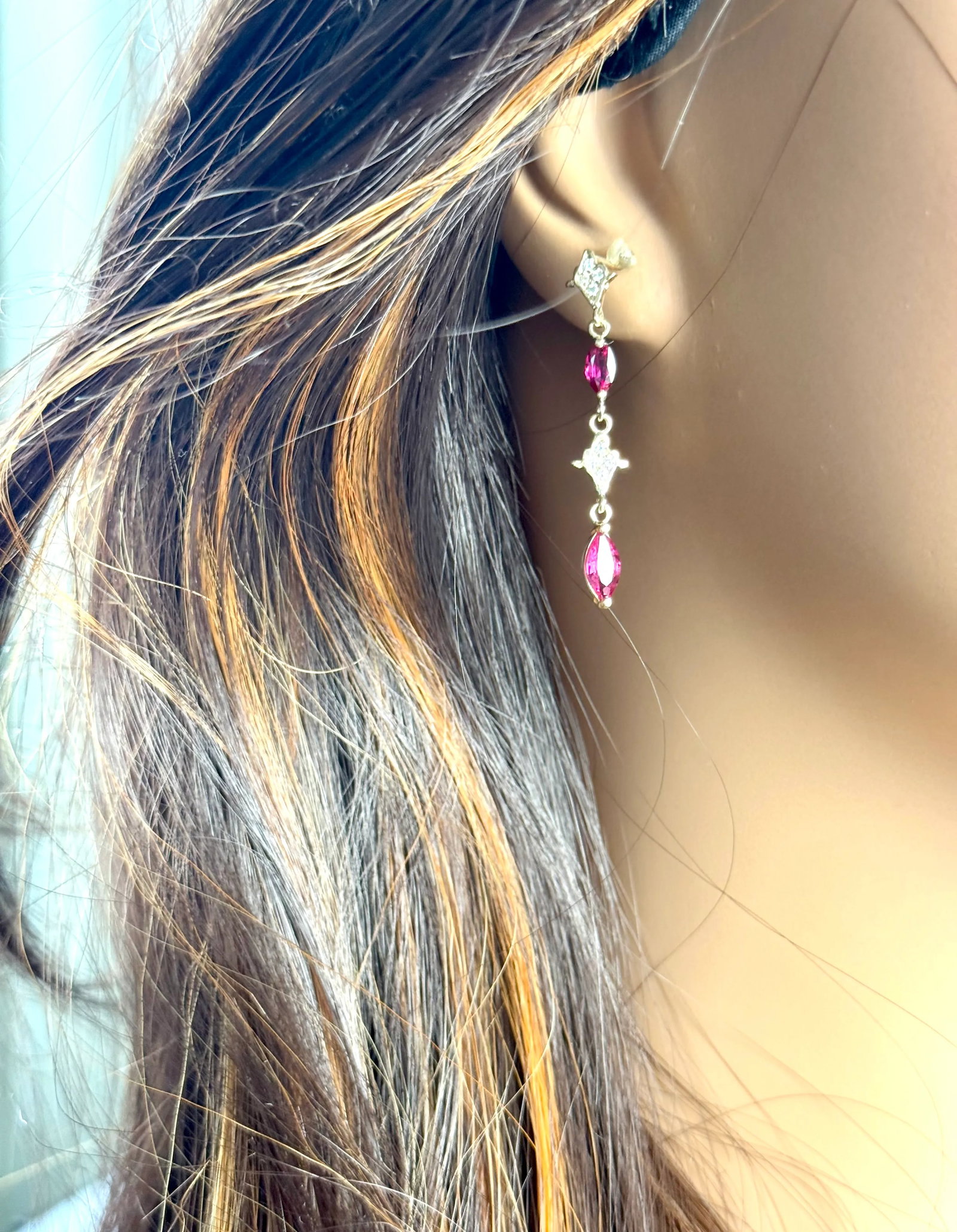 14k Yellow Gold Drop Earrings 4 Marquis Rubies 2.40 Pavé Diamonds 0.30 Carats, A Pair - 7