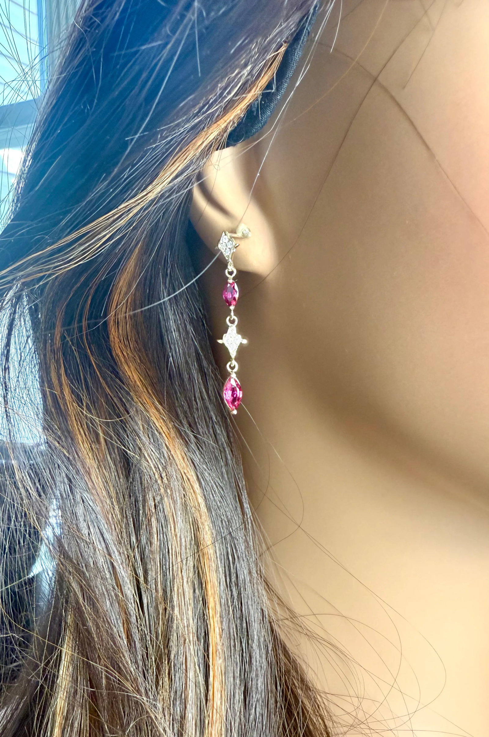 14k Yellow Gold Drop Earrings 4 Marquis Rubies 2.40 Pavé Diamonds 0.30 Carats, A Pair - 8