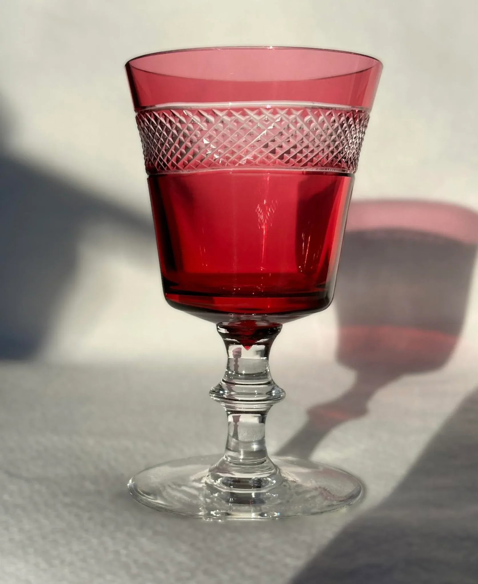 Antique Cranberry Cut to Clear Crystal Wine Glass - 10