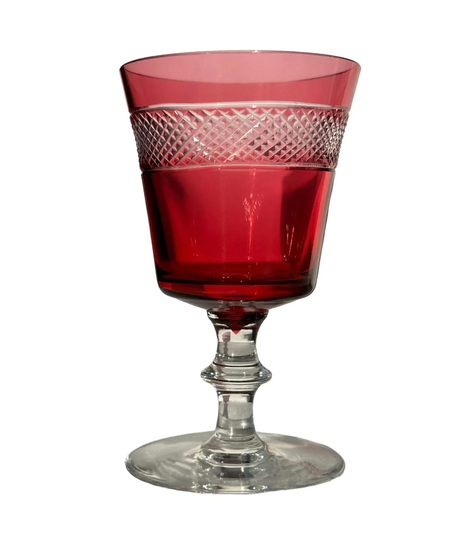 Antique Cranberry Cut to Clear Crystal Wine Glass - 12