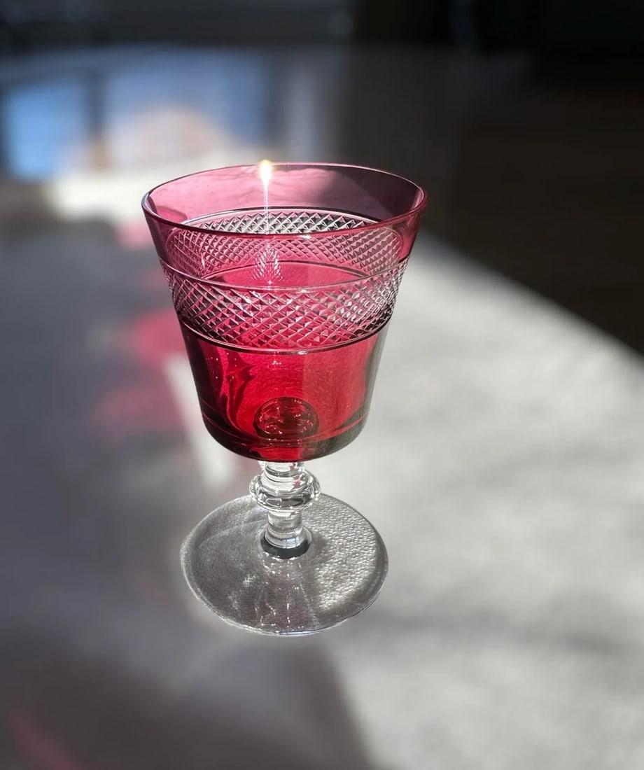Antique Cranberry Cut to Clear Crystal Wine Glass - 2