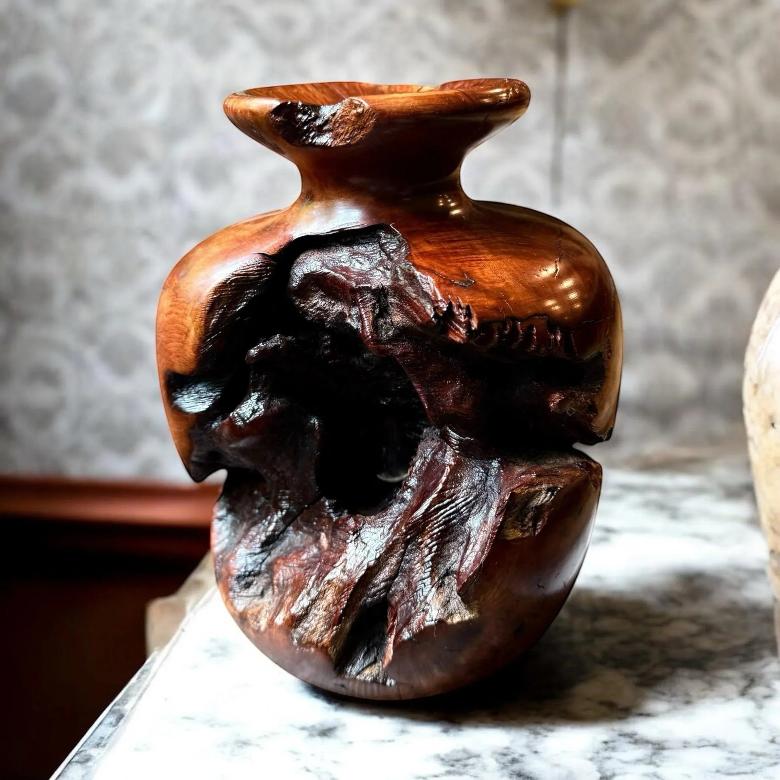 Vintage Large Burlwood Hand Turned Brutalist Art Vase - 2