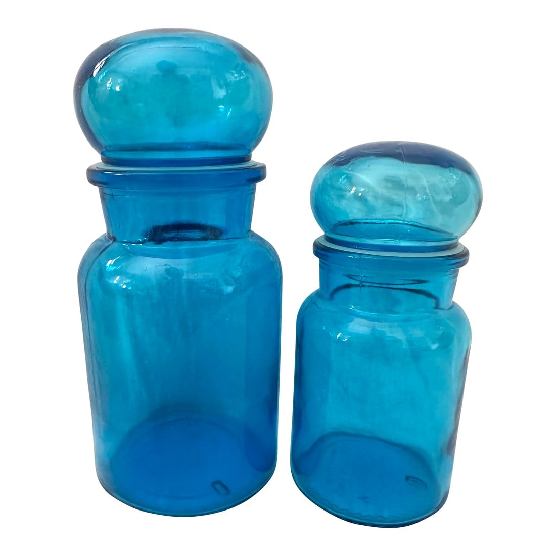 Vintage Pair of Belgium Blue Apothecary Bottles: Vintage Blue Apothecary Blue Bottle with Bubble topper. These are perfect for decoration in any room of the home. Sourced from an Estate in Indian Wells with lots of collectables from around the