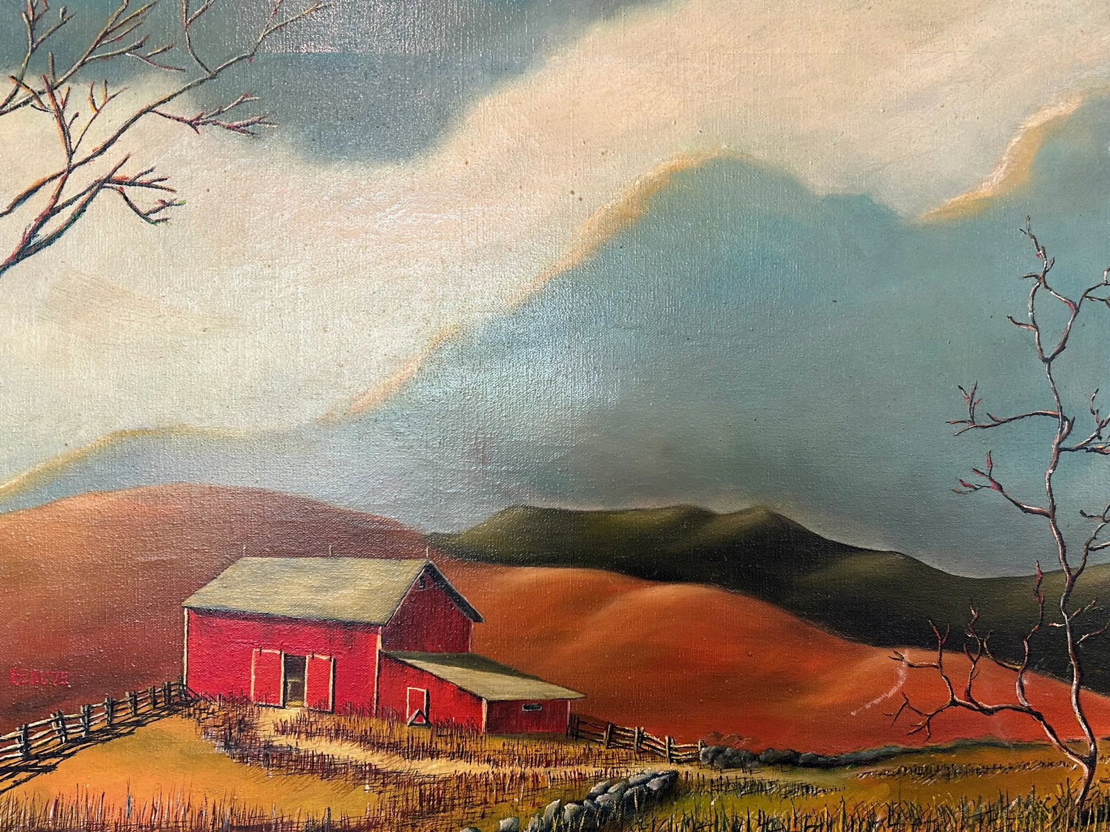 1970s Vintage Expressive Pastoral Landscape Oil on Canvas, Signed Beal (1975), Framed, Blues, Reds - 5