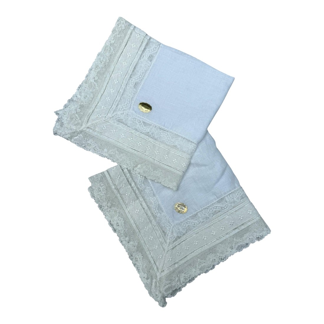 Mid 20th Century Pure Linen Imported French Lace Handkerchief- A Matching Pair: Offering a beautiful matching pair of pure linen handkerchiefs with French lace border. These are vintage mid-20th century with original labels and thus unused. One label has unstuck and the spot