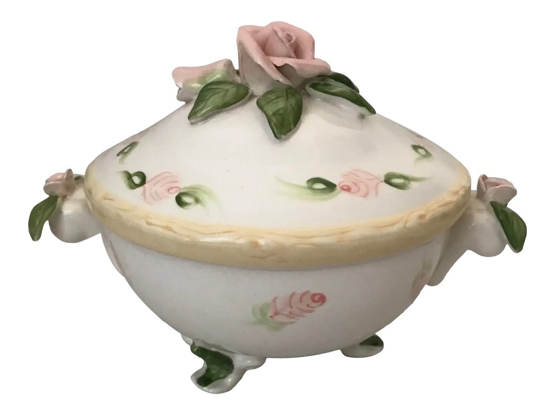 Vintage Christina Ladas for Silvestri Hand Painted Rose Trinket Dish: Vintage 1950's Christina Ladas for Silvestri Hand painted white porcelain trinket box with lid. Pink roses and green leaf print. Inside it says with love. Cute catch all dish for just about anything.