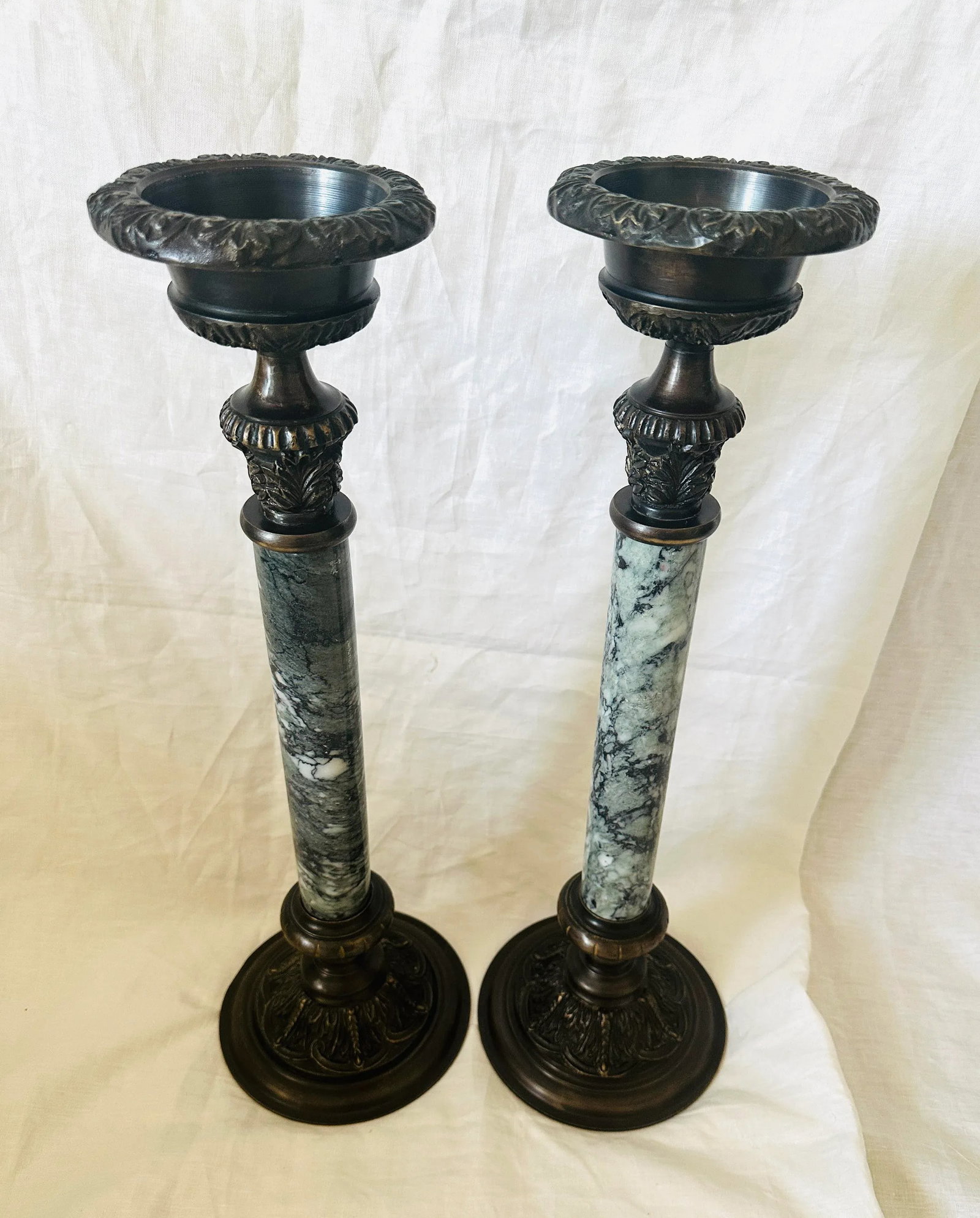 Pair of Large Bronze/ Marble Empire Style Candle Holders - 6