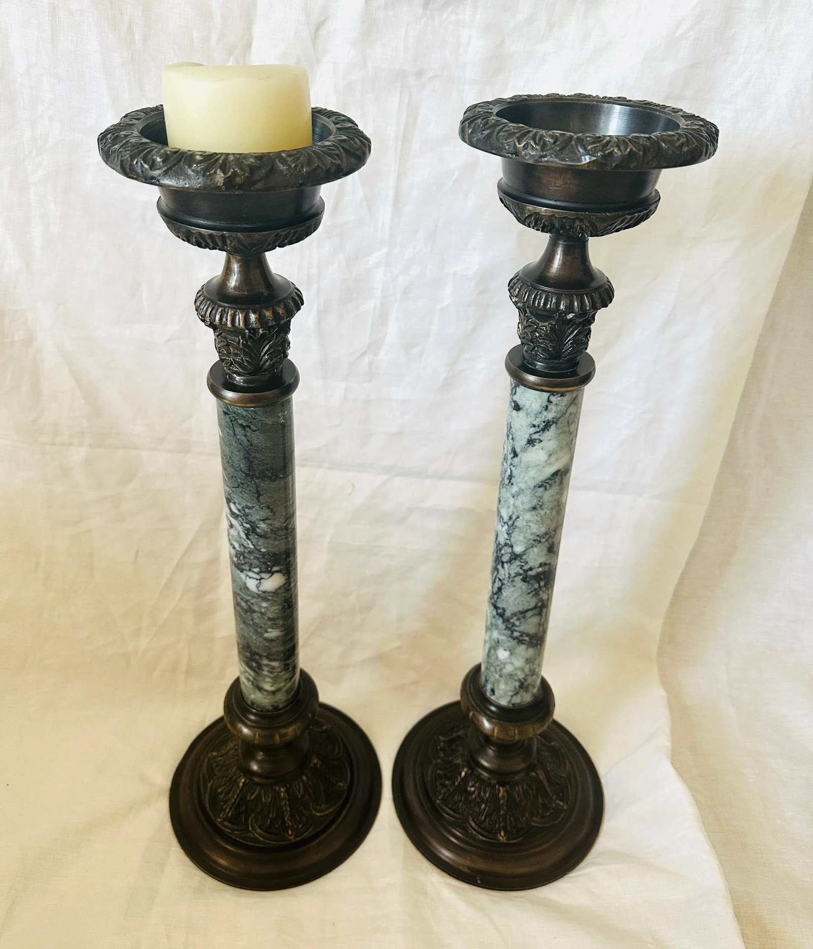 Pair of Large Bronze/ Marble Empire Style Candle Holders - 8